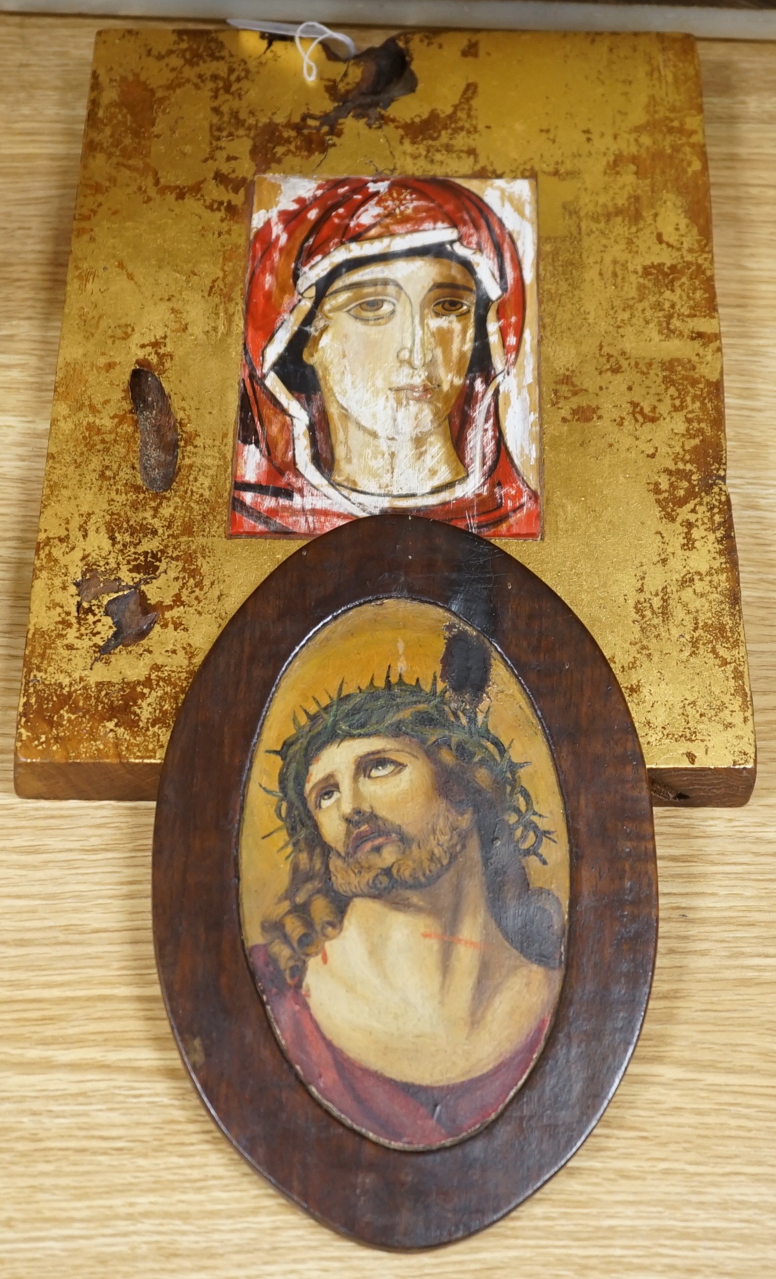 Continental school, 19th and 20th century, two painted icons, 30 x 21.5cm, 22 x 14cm